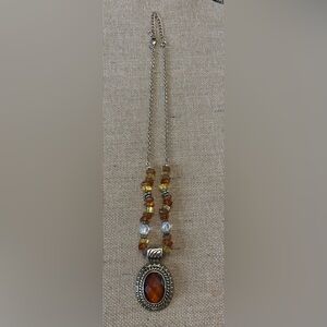 AVON SP GOLDTONE METAL CHAIN LINK BEADED NECKLACE W/BROWN FAUX STONE PENDANT 17"